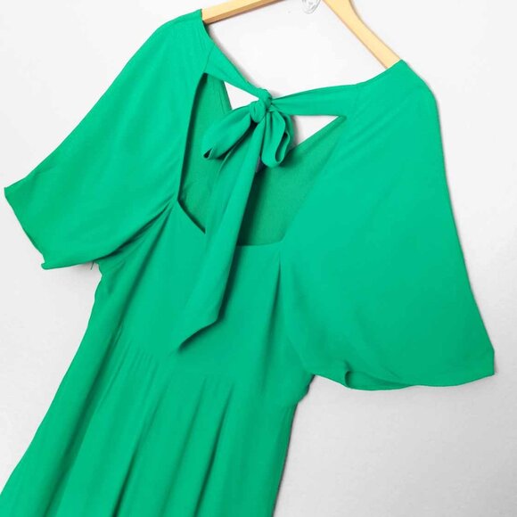 Whistles Kelly Green Zelena Midi Dress 10 Crepe Flutter Sleeves Bow Back $320 - Picture 6 of 14